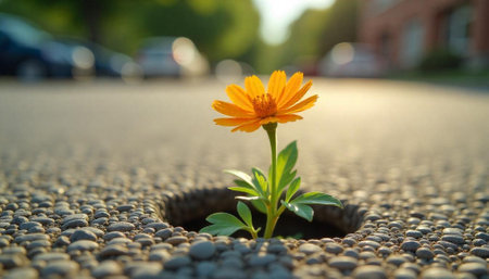 Resilient flower emerges through cracked asphalt; symbol of strengthの写真素材