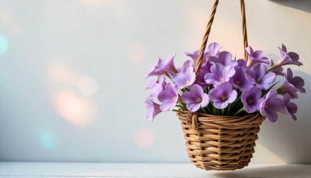 Basket of delicate purple flowers hanging against bright backgroundの写真素材