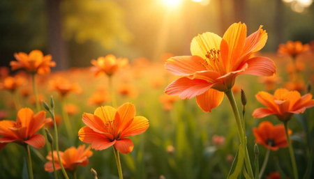 Warm sunset illuminates field of orange cosmos flowersの写真素材