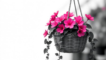 Hanging flower basket with bright pink blossoms on neutral backgroundの写真素材