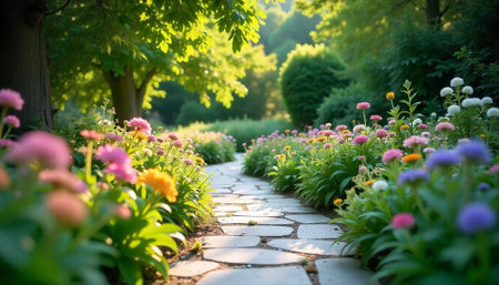 Sunlit garden path with colorful flowers in bloomの写真素材