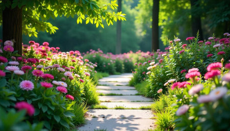 Sunlit pathway through flower garden, a peaceful spring sceneの写真素材