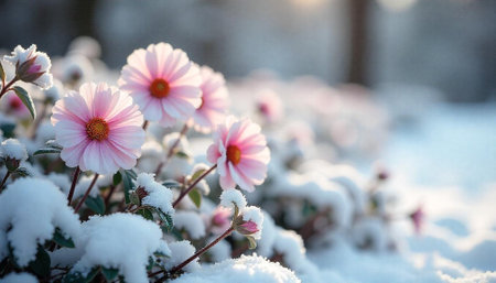 Pink cosmos flowers blooming in the snow winter gardenの写真素材
