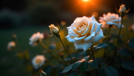 White roses in garden at sunset for romantic sceneの写真素材