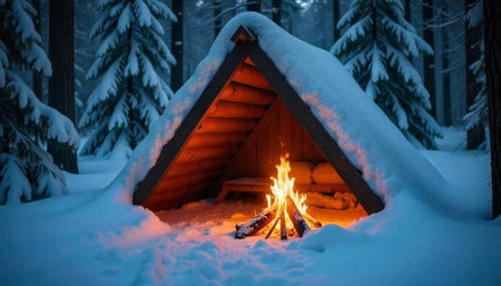 Cozy Campfire Sheltered by Snowy Lean-to in Winter Forest