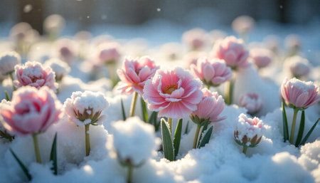 Pink flowers blooming through fresh snow in winter season
