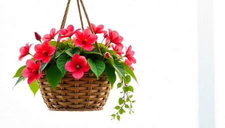 Hanging basket of red flowers against white backdropの写真素材