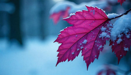 Winter leaf detail with snow and cool light
