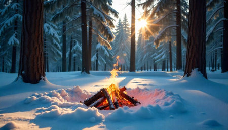 Winter Campfire Scene with Snow Covered Trees and Sun