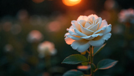 Elegant white rose blossom illuminated by golden sunlight glow