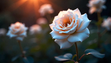 Cream rose blooms softly in warm sunset lightの写真素材