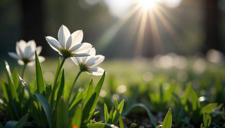 White Flowers in Sunlight with Blurred Background Stock Imageの写真素材