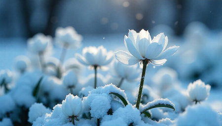 White blossoms in winter snow create serene floral landscapeの写真素材