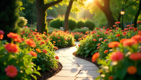 Scenic garden pathway with vibrant flowers and golden sunlightの写真素材