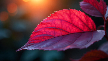 Sunlit red leaf with vein detail on dark backgroundの写真素材