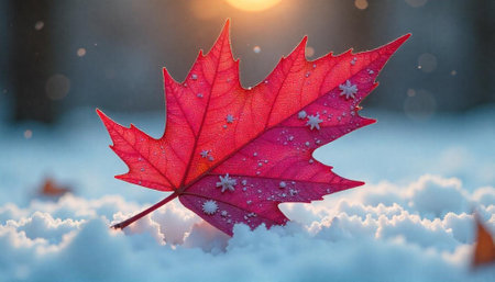 Red maple leaf with snowflakes on fresh winter snowの写真素材