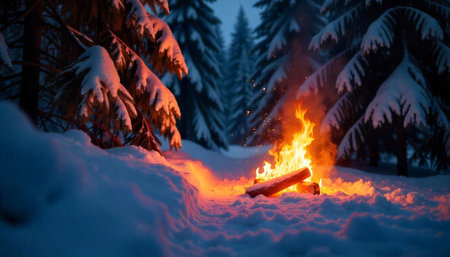 Warm bonfire burns brightly amidst snow-covered fir trees