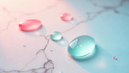 Translucent gel drops on marble surface in soft lightの写真素材