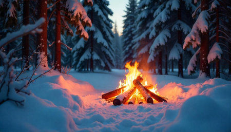 Warm campfire glows in a serene snow-covered winter forestの写真素材