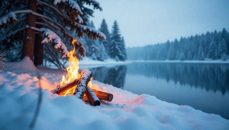 Winter campfire scene with snowy trees and lake reflectionの写真素材
