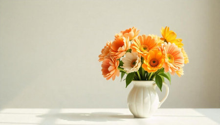 Orange and yellow gerbera daisies in a white vase