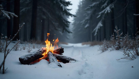 Campfire in snow-covered forest providing warmth and comfortの写真素材