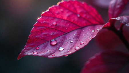 Vibrant red leaf with water droplets in soft light