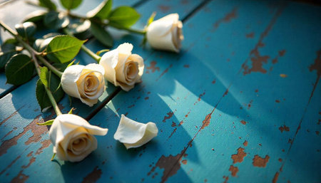 Cream roses on distressed blue wood surface in sunlightの写真素材
