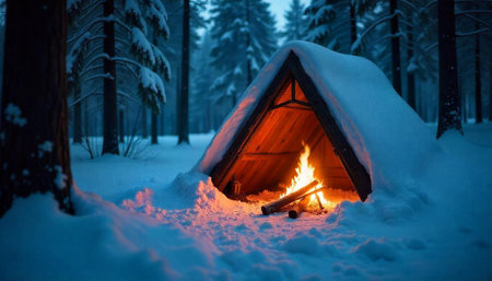 Snow shelter in winter forest with campfire at duskの写真素材
