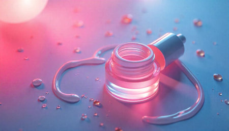 Cosmetic product shot with neon lights and water dropletsの写真素材