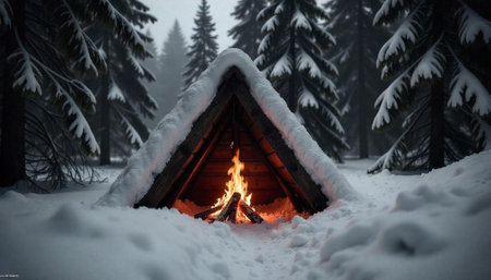 Snow-covered lean-to shelter with campfire in winter forest