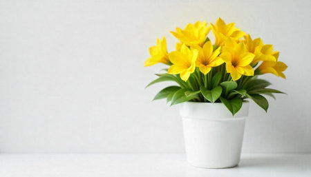 Bright yellow flowering houseplant in a minimalist white potの写真素材