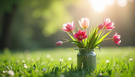 Pink tulips in a vase on the green grassの写真素材
