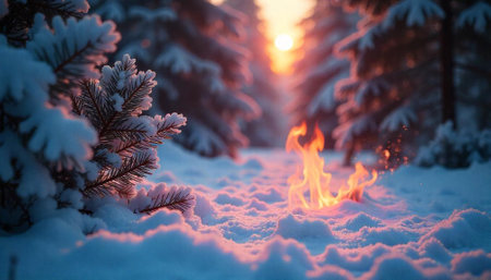 Winter forest sunrise with fire burning in the snow
