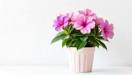 Pink flowering plant in pot against white background studioの写真素材