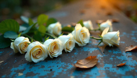 Elegant creamy roses resting gracefully on weathered surface with leavesの写真素材