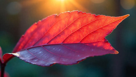 Radiant Red Leaf Bathed in Golden Sunlight, Close-up Viewの写真素材