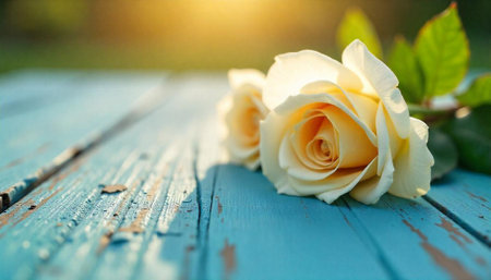 Pale roses on rustic blue surface in soft lightの写真素材