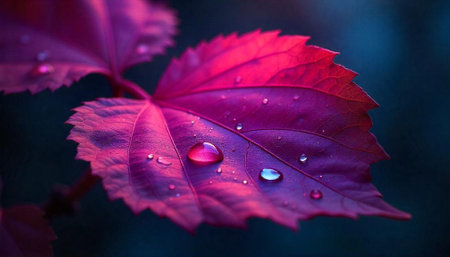 Detailed purple leaf texture with water drops close up