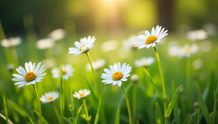 Field of white daisies bathed in warm sunlight outdoorsの写真素材