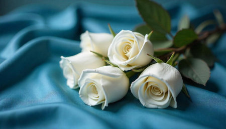 Elegant white roses on a flowing turquoise fabric backdropの写真素材