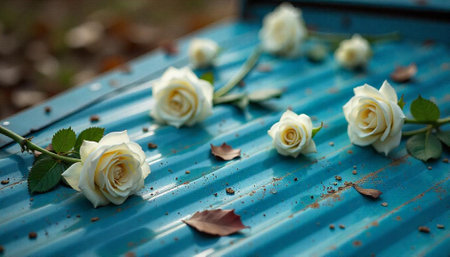 White roses on a blue surface with scattered leavesの写真素材