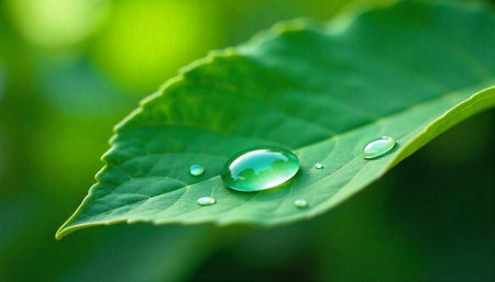 Water droplets delicately resting upon a vibrant green leaf