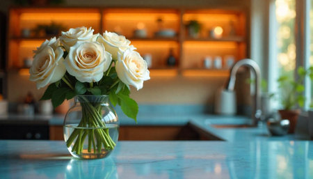 Cream roses in a vase on a modern countertopの写真素材