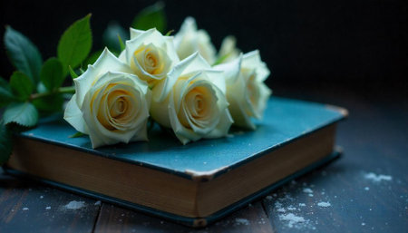 White roses resting on an antique blue bookの写真素材