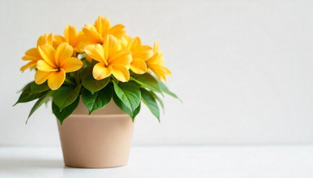 Potted yellow flowers with green leaves on white table
