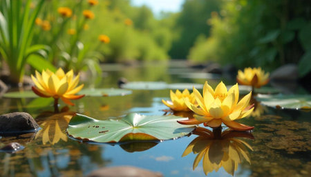 Tranquil water lilies and reflection in a serene pondの写真素材