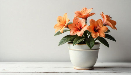 Beautiful peach lilies blooming in pot on a tableの写真素材