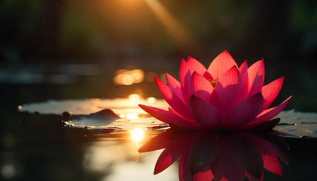 Pink lotus flower reflecting in pond at golden sunsetの写真素材