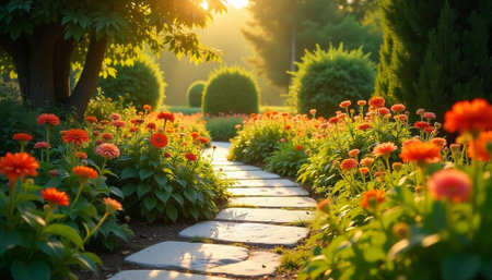 Sunlit garden path with orange flowers and green bushesの写真素材